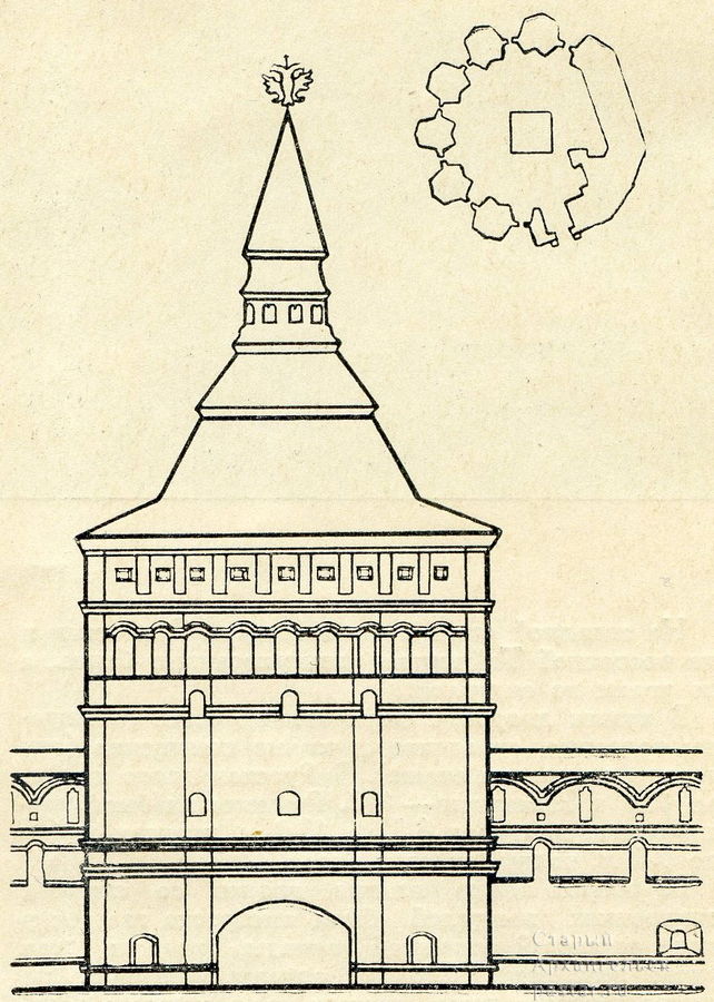 Орловская башня «Раскат» и поперечный разрез угловой башни
