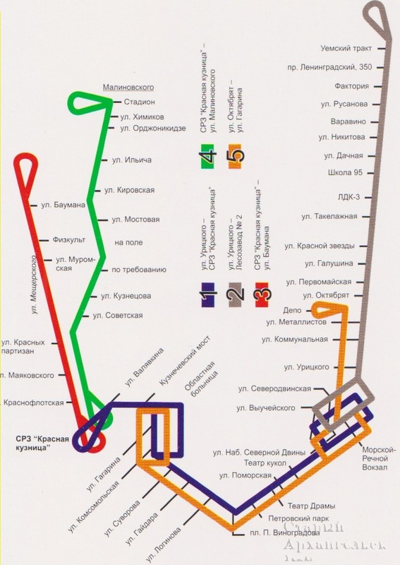 24. Схема маршрутов архангельского трамвая по состоянию на 2000 год.